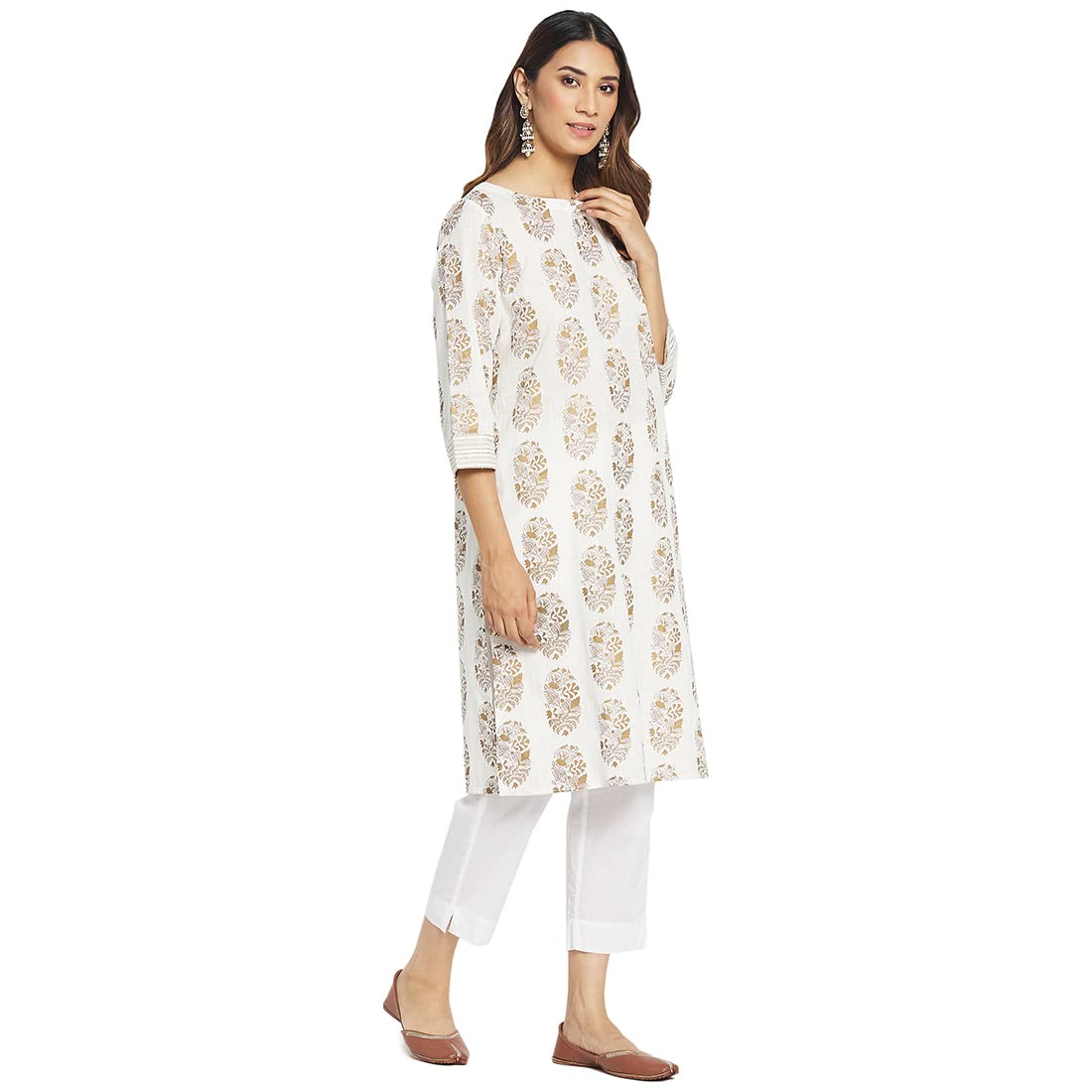 Fabindia Off White Cotton Printed Knee Length Kurta