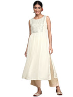 Ishin Women'S Viscose Rayon Embellished Off White Mirror Work A-Line Kurta