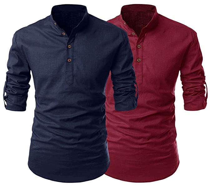 Finivo Fashion Combo Of MenS Regular Fit Cotton Blend Solid Full Sleeves Kurta | Short Kurta For Men (Pack Of 2)