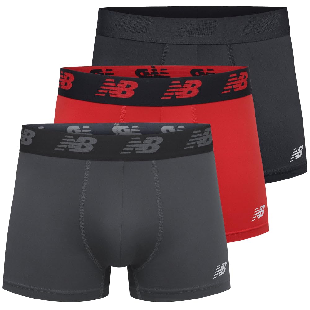 New Balance Men's 3 Boxer Brief No Fly, with Pouch, 3-Pack,Black/Team Red/Thunder, Medium (32-34)