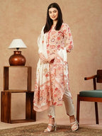 ANNI DESIGNER Womens Cotton Blend Straight Printed Kurta with Pant & Dupatta (Dhama Peach_S_Peach_Small)