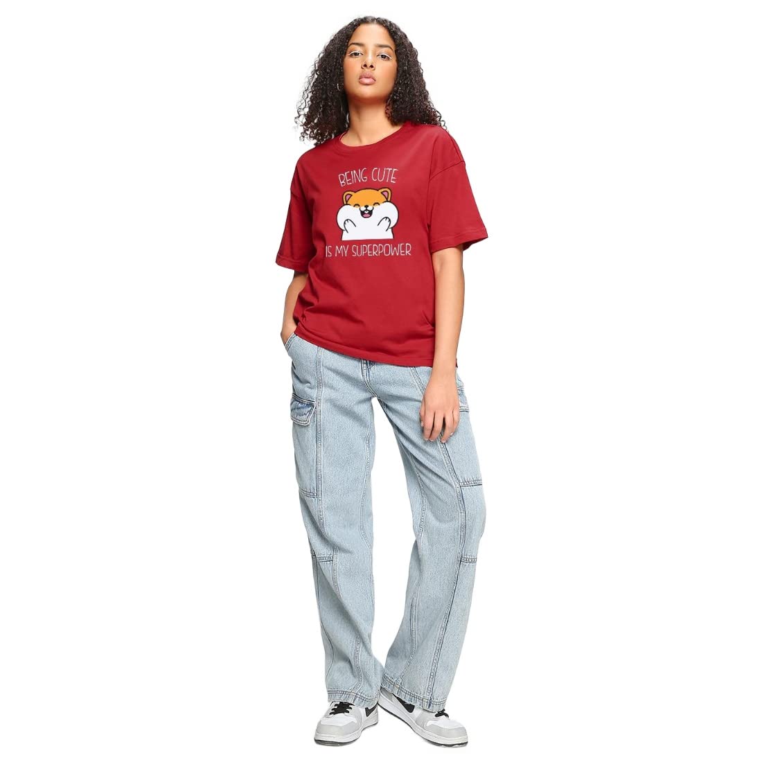Bewakoof Womens Being Cute is My Super Power Graphic Print 100% Cotton T-Shirt- Oversized Fit, Round Neck, Half Sleeve, Small, 