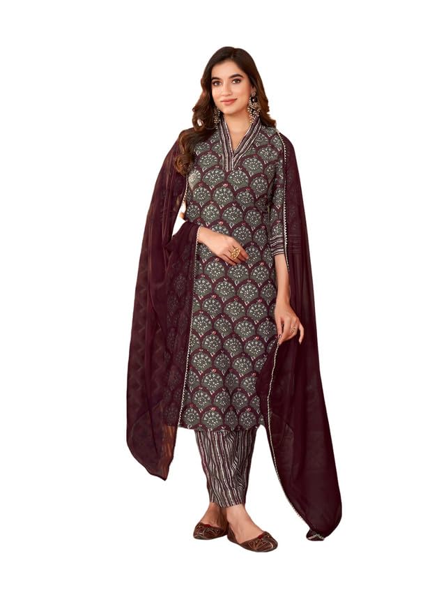 Sanisa Women'S Rayon Blend Digital Printed Straight Kurta Set With Dupatta (132Kbd1424N-Xxl_Wine & Walnut Brown)