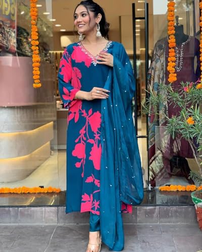 ANNI DESIGNER Womens Cotton Blend Straight Printed Kurta with Pant & Dupatta (PROTIN-CEROSIN_XL_Blue_X-Large)