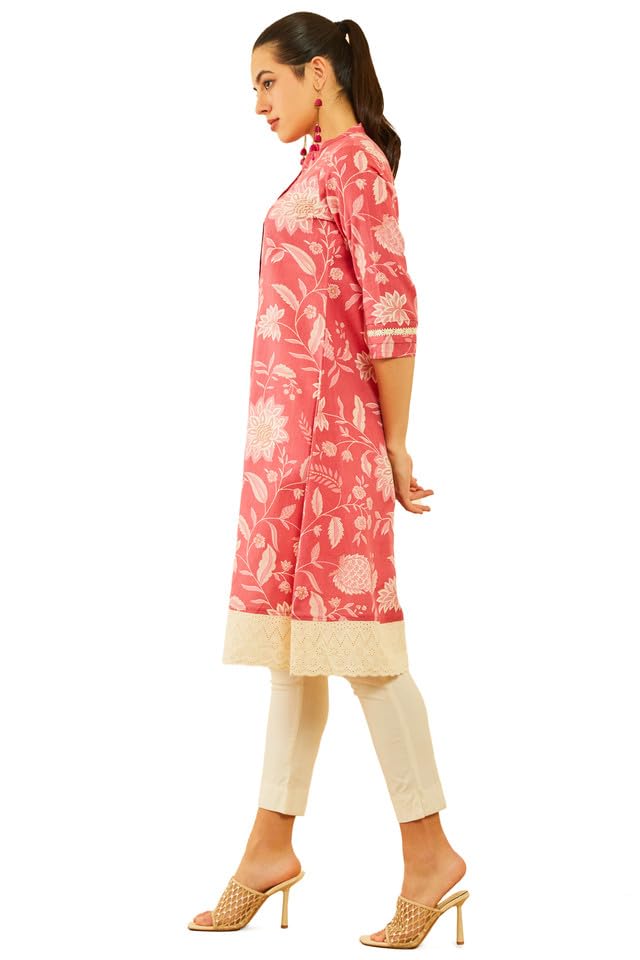 Soch Womens Peach-Coloured Cotton Floral Printed A-Line Kurta