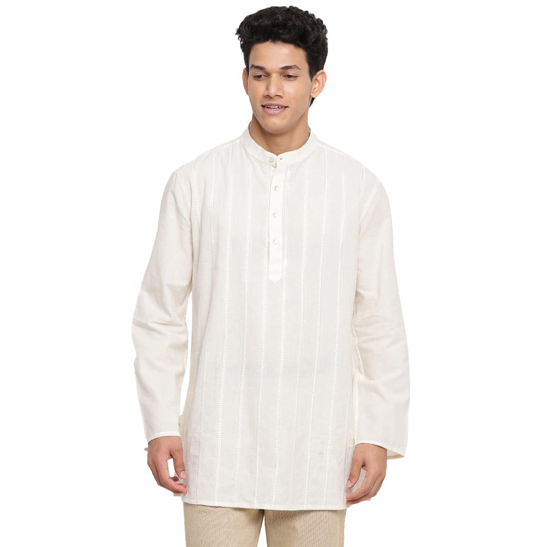 Fabindia Men Cotton Embroidered Short Kurta Natural_Xs
