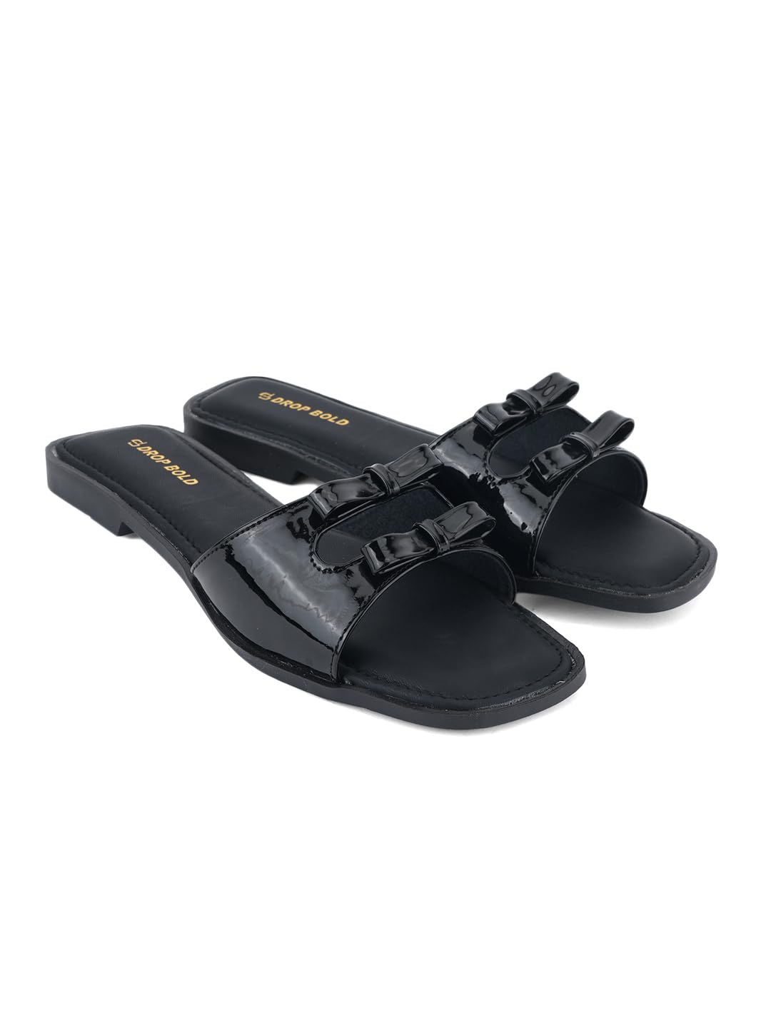 DROP BOLD BLACK OPEN TOE COMFORT FLATS WITH BOWS FOR WOMEN 7