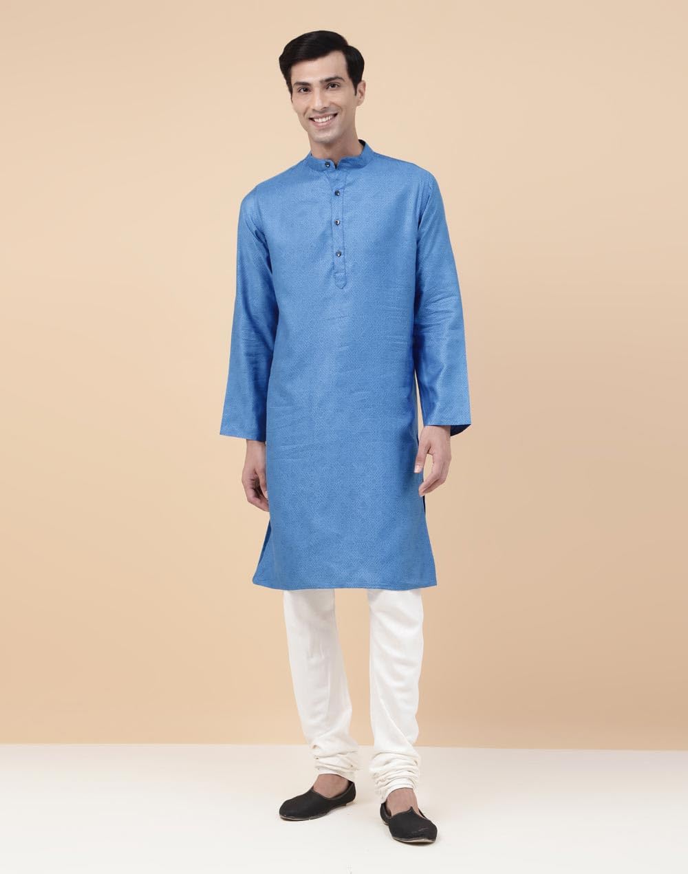 Fabindia Mens Viscose Silk Printed Slim Fit Kurta (1033090BLUE_Blue