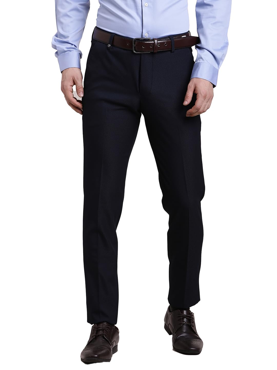 Turtle Men Navy Blue Ultra Slim Fit Dobby Flat Front Cotton Stretch Formal Trouser
