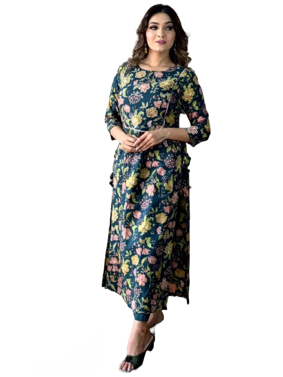 Gosriki Women'S Cotton Blend Printed Straight Kurta With Pant (Tilak Green-Nw-Gs_Xl_Green_X-Large)