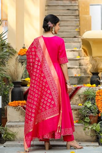 ANNI DESIGNER Womens Rayon Blend Anarkali Solid Kurta with Pant & Dupatta (GANPATI-Rani_L_Pink_Large)