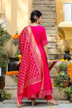 ANNI DESIGNER Womens Rayon Blend Anarkali Solid Kurta with Pant & Dupatta (GANPATI-Rani_L_Pink_Large)