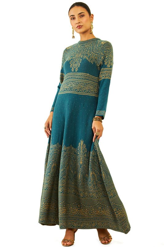 Soch Women Acrylic Ethnic Motifs Pattern Knitted Round-Neck Flared Winter Dress