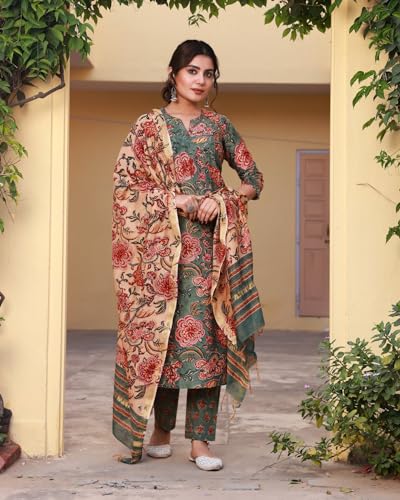 ANNI DESIGNER Womens Rayon Blend Printed Straight Kurta with Pant & Dupatta (FTA Green-NRK_M_Green_Medium)