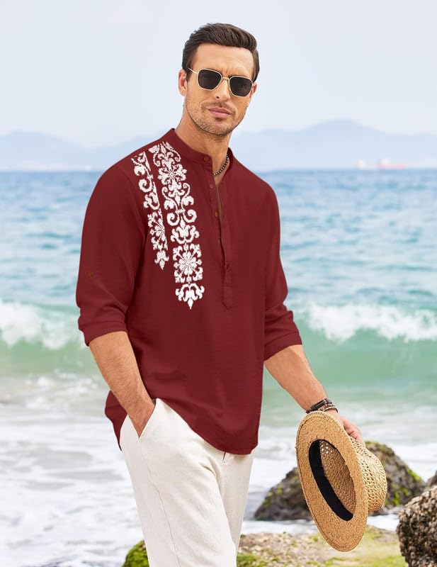 Royalscout MenS Regular Fit Stylish Embroidered Design Cotton Blend Full Sleeve Short Straight Kurta Shirt Maroon