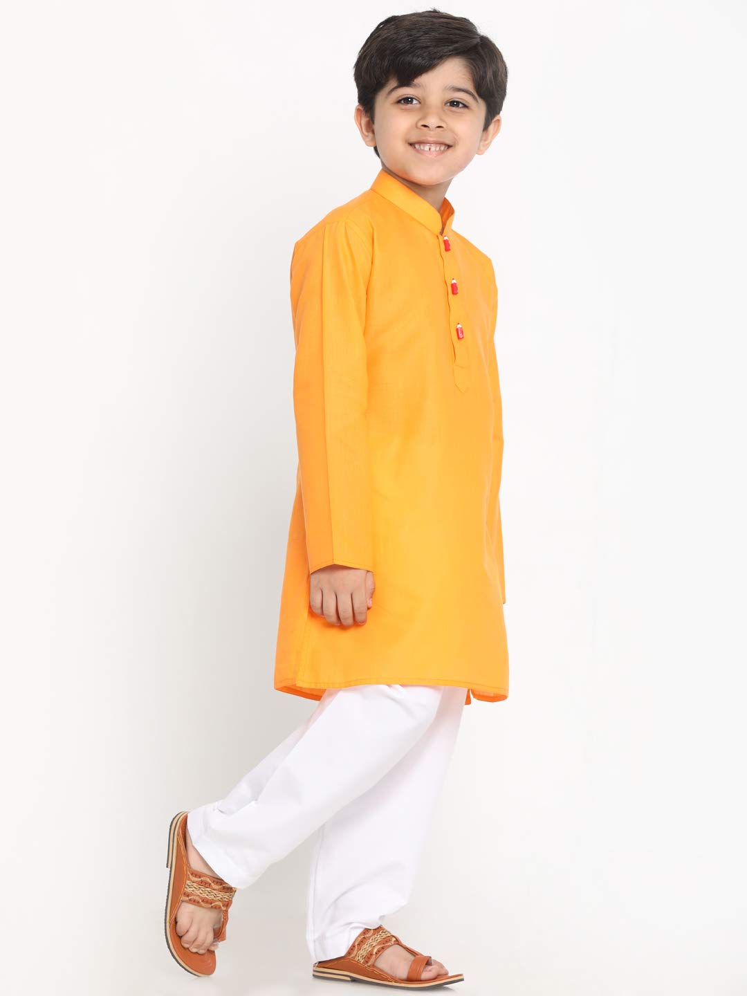 Jbn Creation Boys Orange Cotton Blend Kurta Pyjama And Cap Set