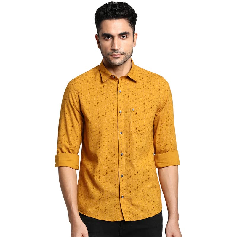 Turtle Men Khadi Mustard Slim Fit Printed Casual Shirts