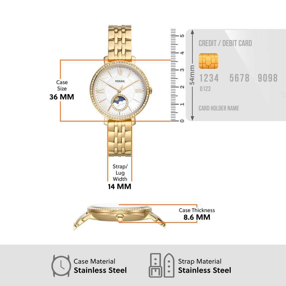 Fossil Women's Jacqueline Quartz Stainless Steel Multifunction Moonphase Watch, Color: Gold (Model: ES5167)