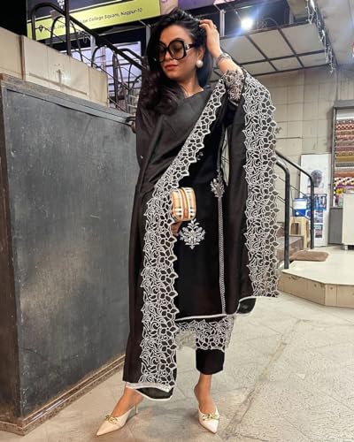 ANNI DESIGNER Women s Kurta Rayon Blend Pants with Dupatta, Black, S