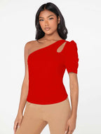 Shasmi Womens & Girls Red Short Puff Sleeve, One Shoulder Neck, Ruched Bust Solid Tops for Women/Tops, T-Shirts for Girls (TOP