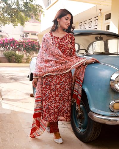 ANNI DESIGNER Womens Cotton Blend Straight Printed Kurta with Pant & Dupatta (JA Gadi Red-NW_M_Blue_Medium)