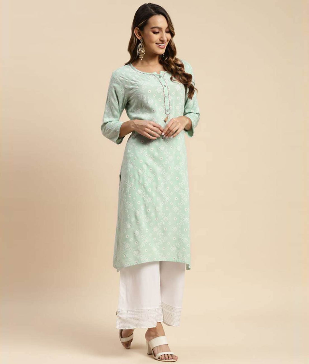 Rangita Mint Green Rayon Calf Length Printed Straight Kurti For Women | Kurta For Women