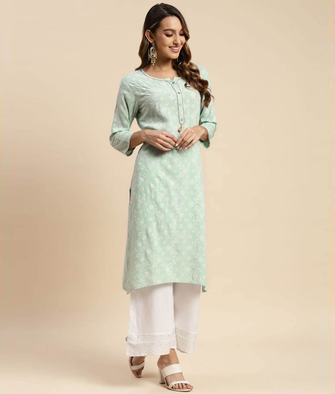 Rangita Mint Green Rayon Calf Length Printed Straight Kurti For Women | Kurta For Women