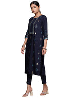Ziyaa Women'S Navy Blue Rayon Straight Kurta Pant Set (Zikury3984Andpl)