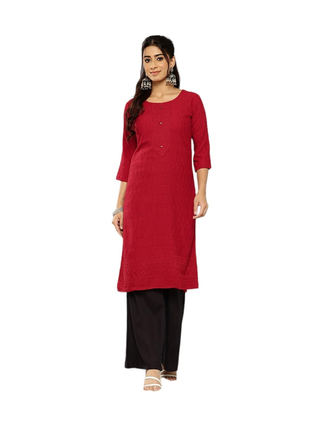 Aarika Womens Ethnic Wear Red Colour Cotton Chicken Embroidery Kurti (M-2Xl)
