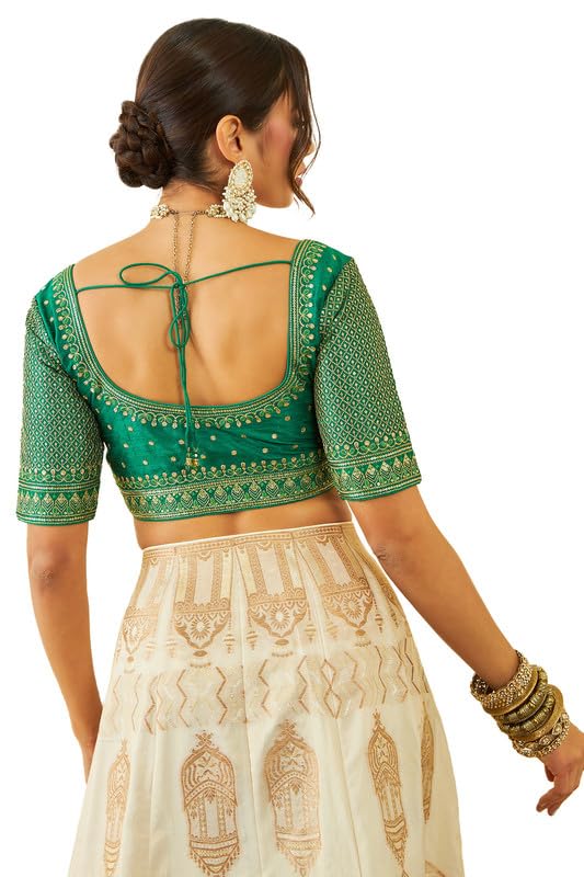 Soch Womens Green Tussar Sequin Embellished And Embroidered Front-Open Blouse
