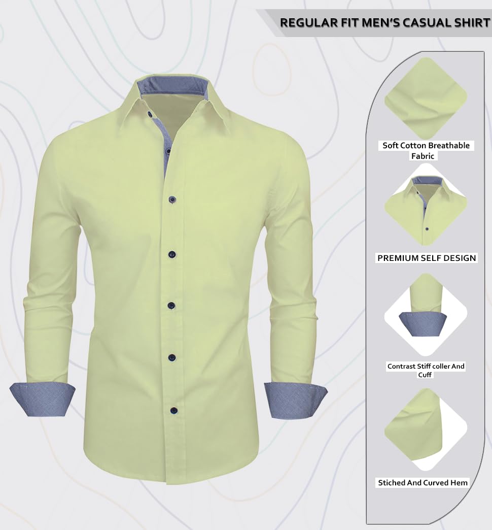 Zombom MenS Classic Cotton Blend Regular Fit Full Sleeve Spread Collar Casual Shirt For Men Light Yellow