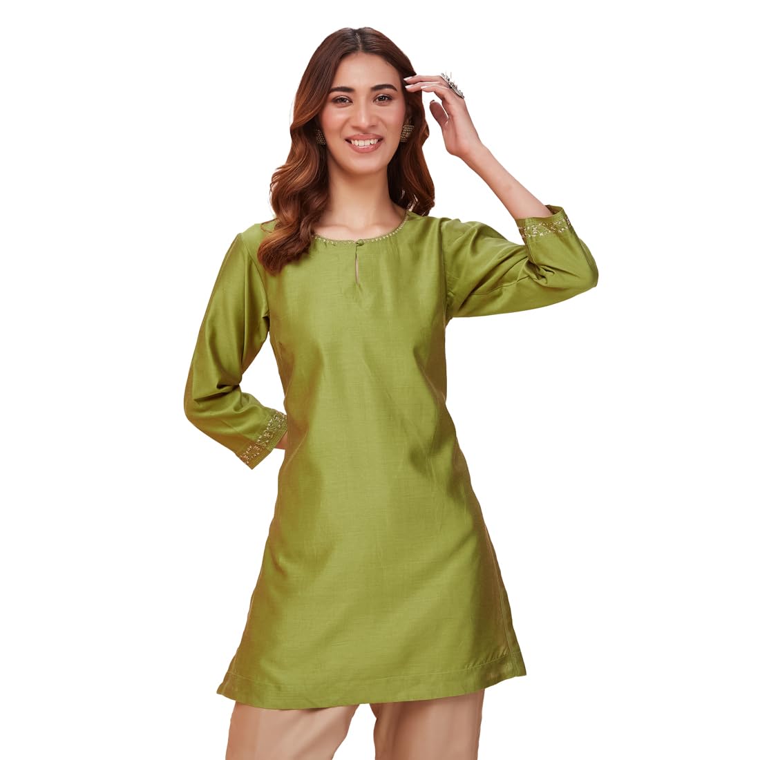 Fabindia Womens Cotton Silk Embroidered Slim Kurta (1037304Green_Green