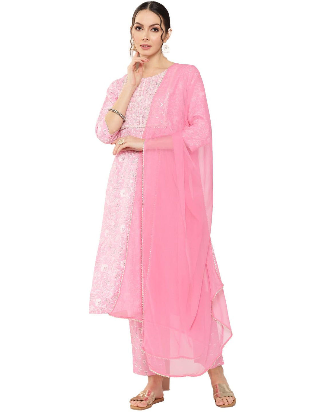 Anubhutee Women'S Viscose Rayon Embroidered Pink Straight Kurta Suit Set With Pants