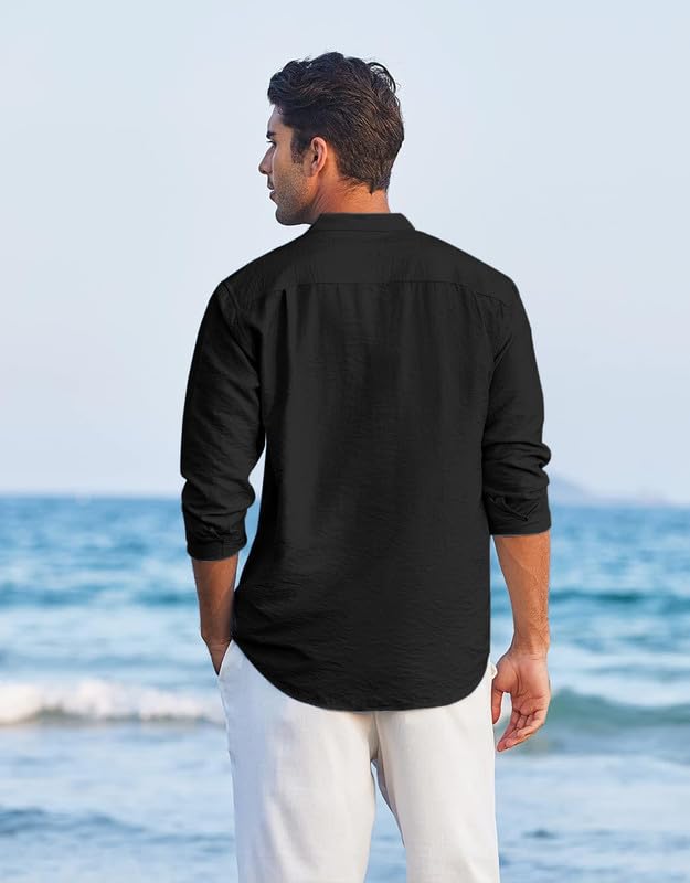 Macsivo MenS Casual Cotton Polyester Blend Long Sleeve Henley Short Kurta | Lightweight Summer Kurta Black