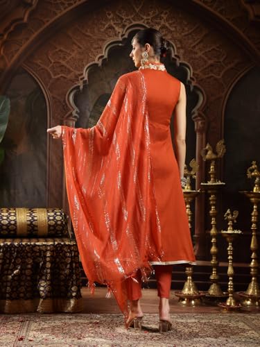 Stylum Womens Rust Solid & Embroidered Crepe A-Line Kurta With Dupatta