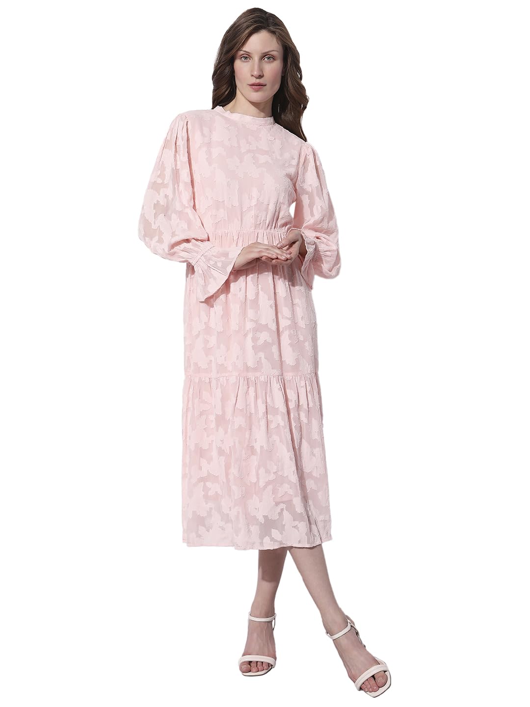 Vero Moda Women Self Design Pink Polyester Midi Length A-Line Dress