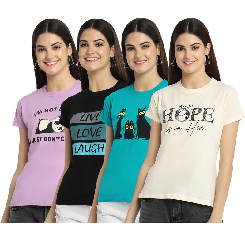 Preneum Womens Cotton Regular Fit Latest Graphic Stylish Printed Short Sleeves Casual T-Shirt || Trendy Design & Stylish (Pack 