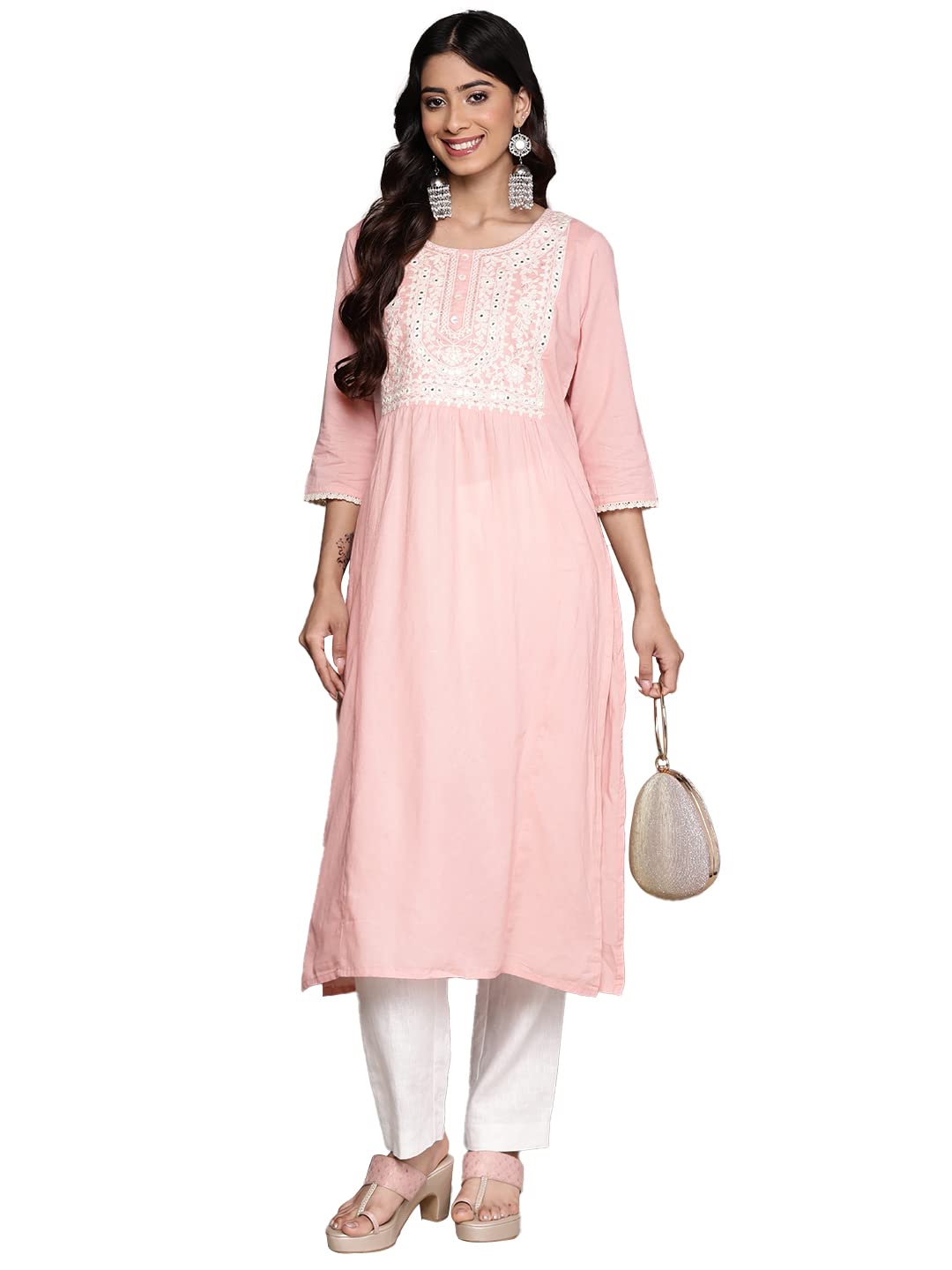 Anubhutee Women'S Pure Cotton Ethnic Motifs Pink Embroidered Straight Kurta