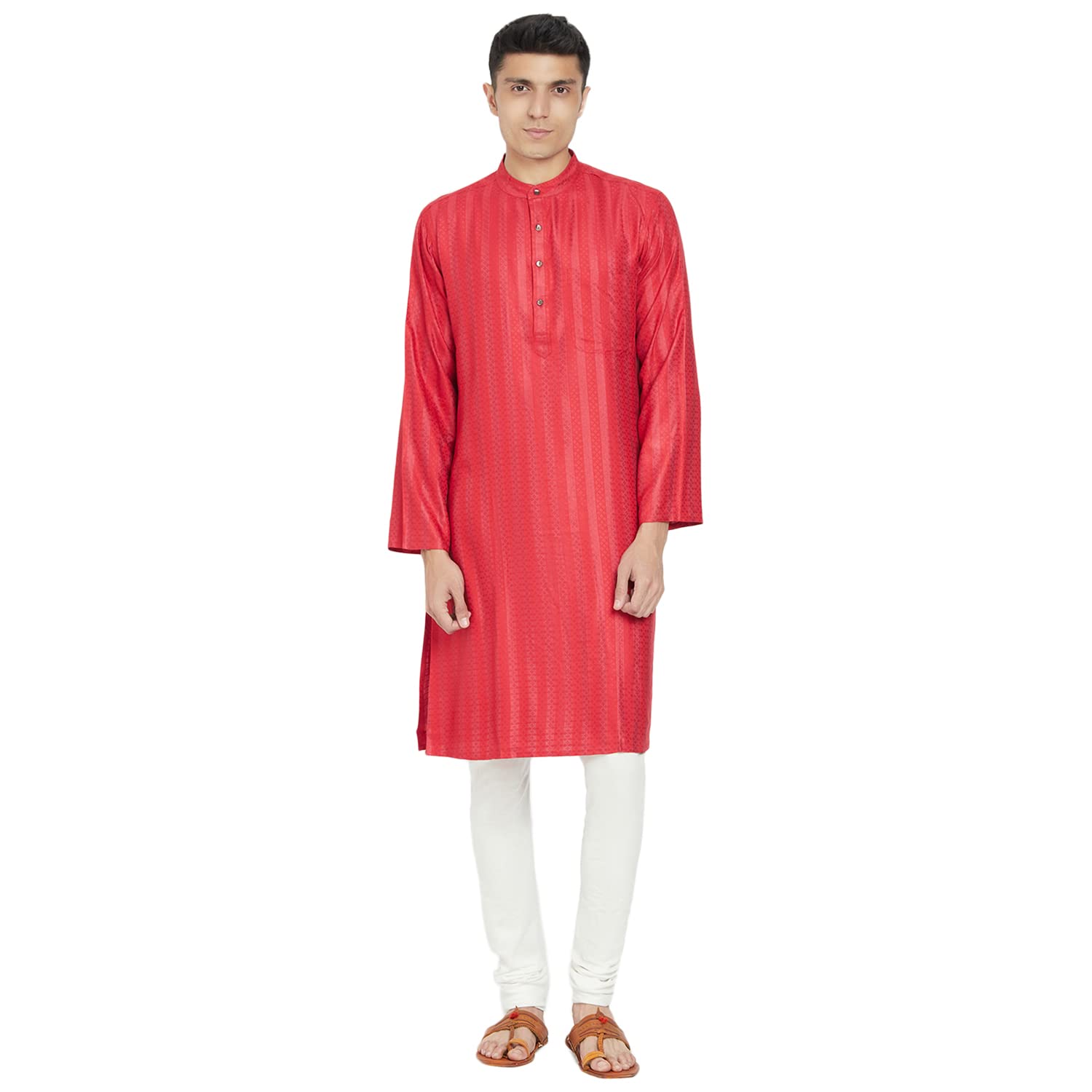 Fabindia MenS Viscose Blend Geometric Comfort Kurta_Red_L