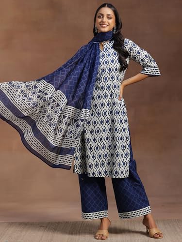 Libas Blue Printed Cotton Straight Kurta With Palazzos & Dupatta