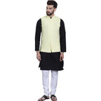 SOJANYA (Since 1958 Mens Black Kurta with white Pyjama & Yellow Nehrujacket Combo