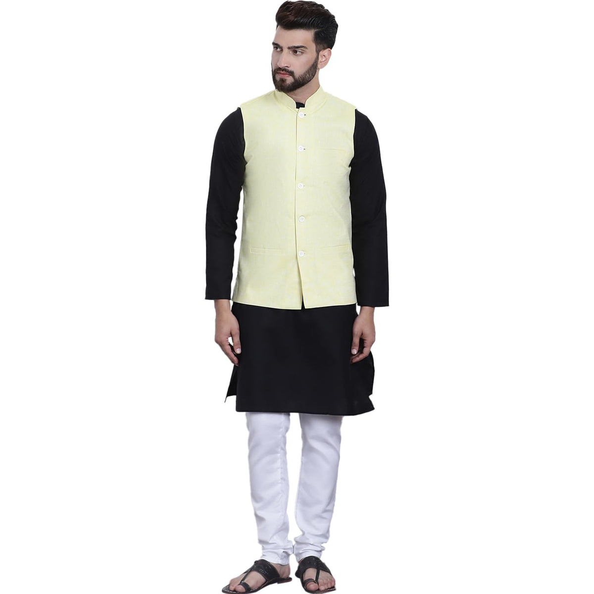 SOJANYA (Since 1958 Mens Black Kurta with white Pyjama & Yellow Nehrujacket Combo