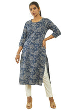 Soch Womens Blue Cotton Floral Print Straight Kurta With Gota Patti Details