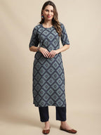 Pinkmint Kurta Set for Women Cotton Printed Knee Length Straight Round Neck Kurti with Pant
