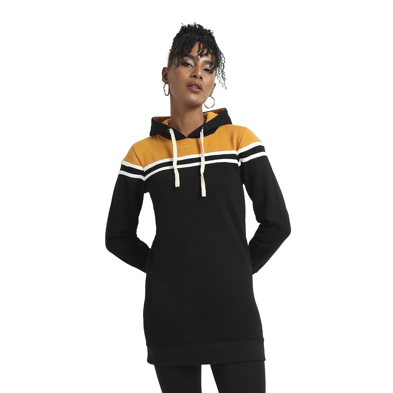 Campus Sutra Women'S Cotton Hooded Neck Dress (Cbaw23_Csw-Aw-Lt0641_Multicolour