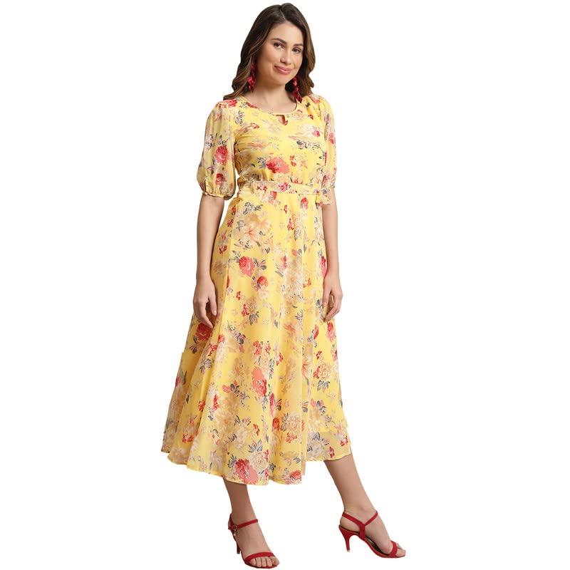 Preneum WomenS Maxi Fit & Flare Print Georgette Regular Sleeves Casual |Summer |Latest Style |Festival & Occasion Maxi Gown(Max