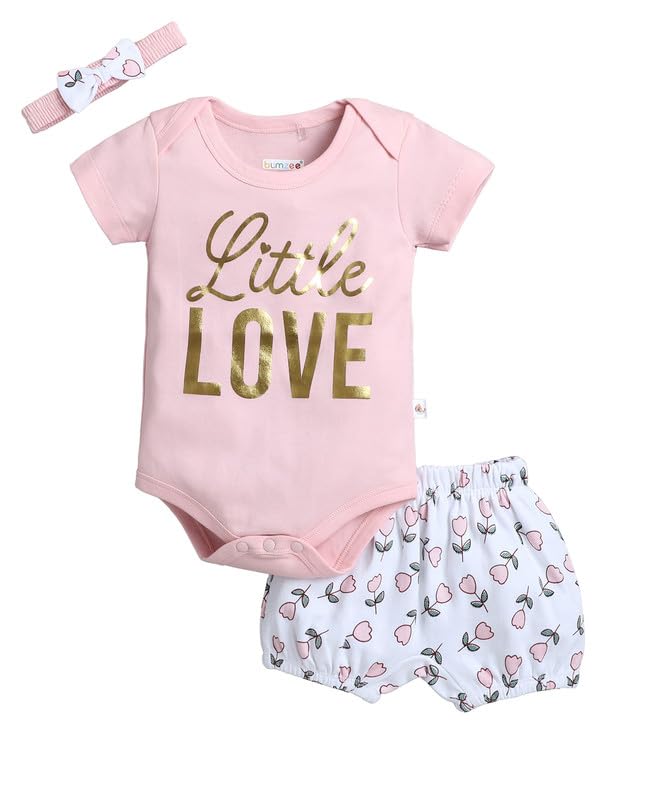 BUMZEE Baby Girls Cotton Round Neck Half Sleeves Floral Print Bodysuit & Short Set With Headband Pink & White - 9-12 Months (Peb