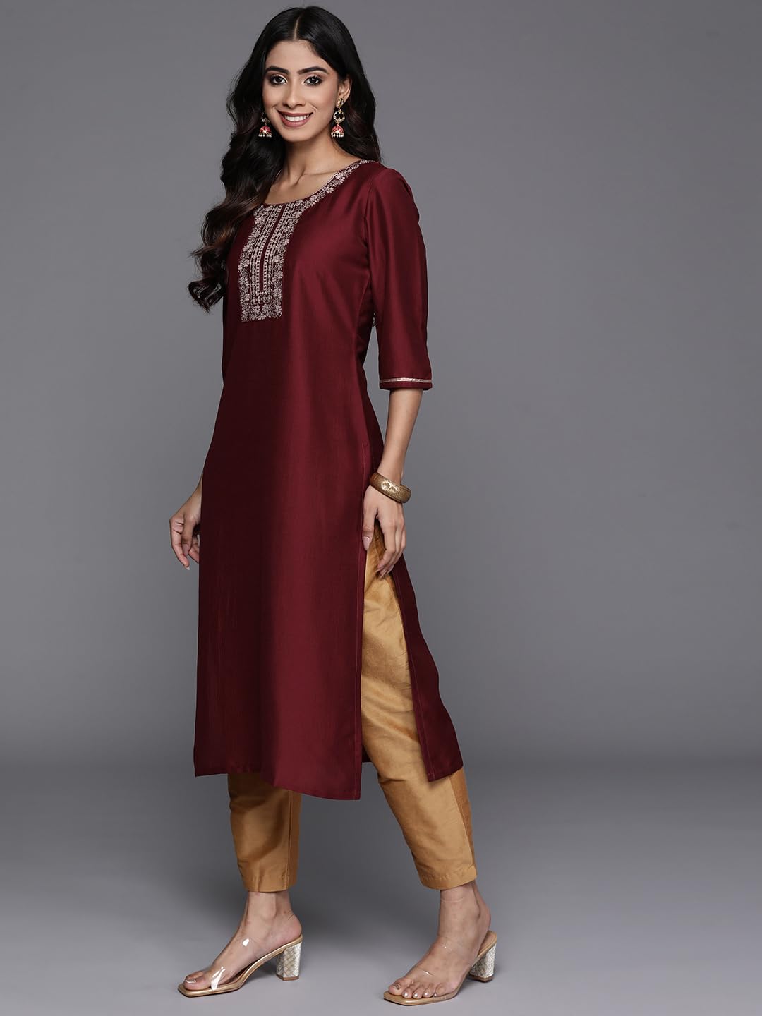 Libas Maroon Yoke Design Silk Straight Kurta