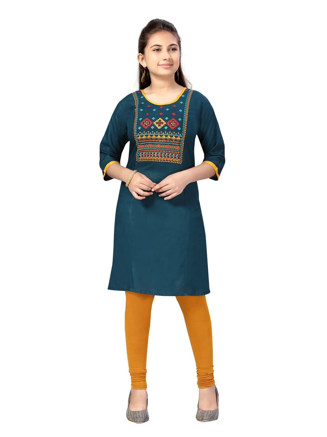 Aarika GirlS Cotton Kurti Legging Set (Kl-H-3_Dark Green-Mustard_38)
