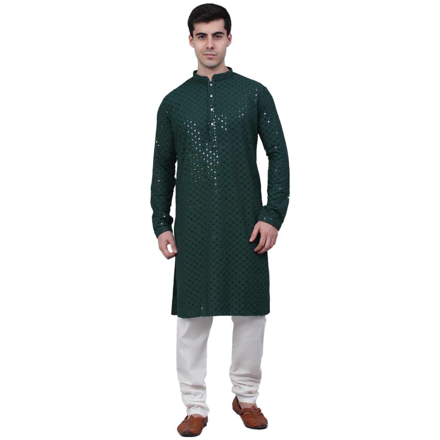 Jompers Mens Cotton Chikankari Embroidered And Sequins Kurta Churidar Set